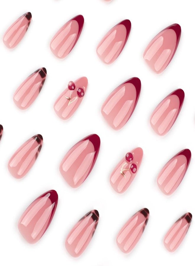 Maigitur Medium Press on Nails Almond Fake Nails with 5D Cherry Charm Design Glossy Dark Red French Tip Nails Press Ons Brown Leopard Glue on Nails Reusable Full Cover Pink Stick on Nails for Women 24Pcs - Image 2